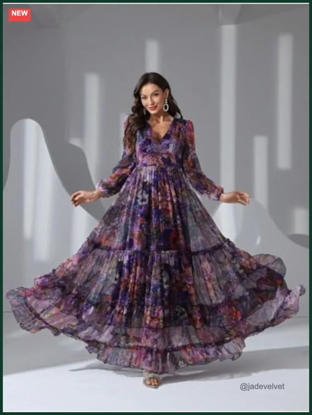 Boho Floral Maxi Dress V-Neck Long Sleeve Ruffle Tiered A-Line